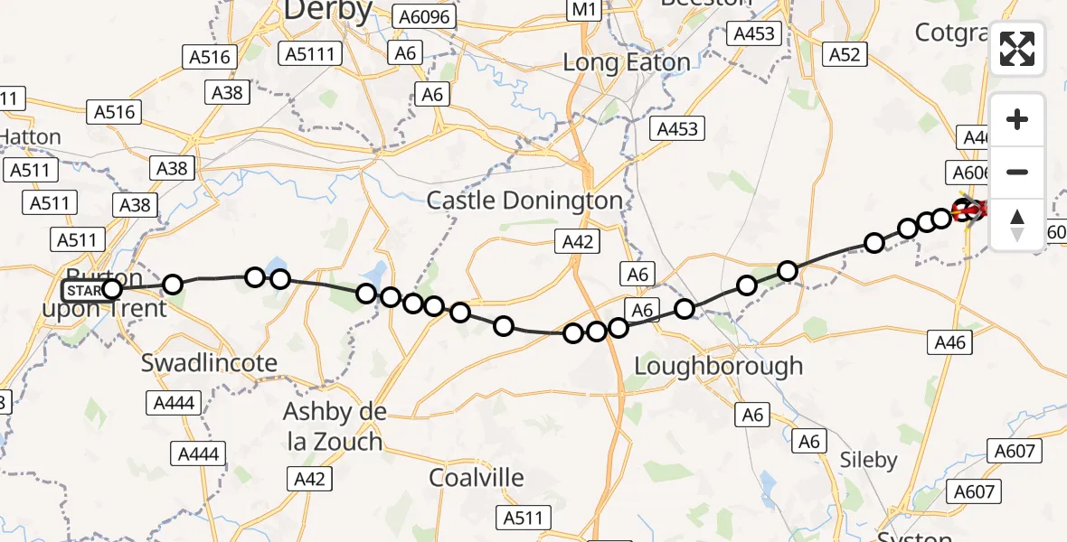 Flight route Air Ambulance Helicopter Burton upon Trent - Nottingham Heliport, 16 July 2026, 14:16