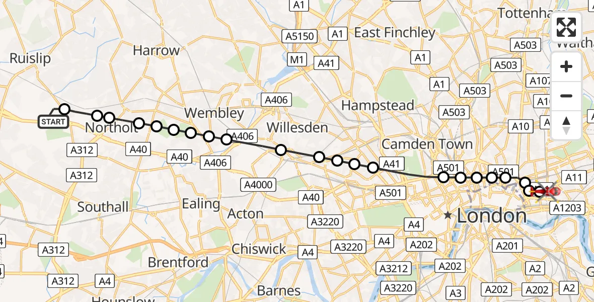 Flight route Air Ambulance Helicopter RAF Northolt - Royal London Hospital, 16 July 2026, 14:19