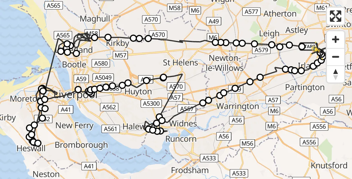 Flight route Police Helicopter Worsley - Manchester Barton Aerodrome, 16 July 2026, 14:35