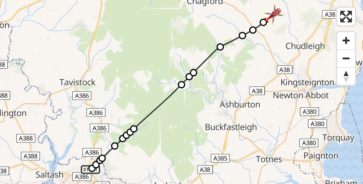 Flight route Air Ambulance Helicopter Derriford Hospital - Bridford, 16 July 2026, 14:44