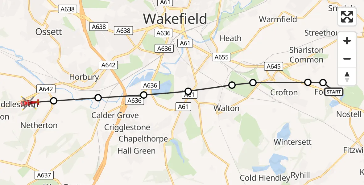 Flight route Air Ambulance Helicopter YAA Nostell Helicopter Port - Middlestown, 16 July 2026, 14:52