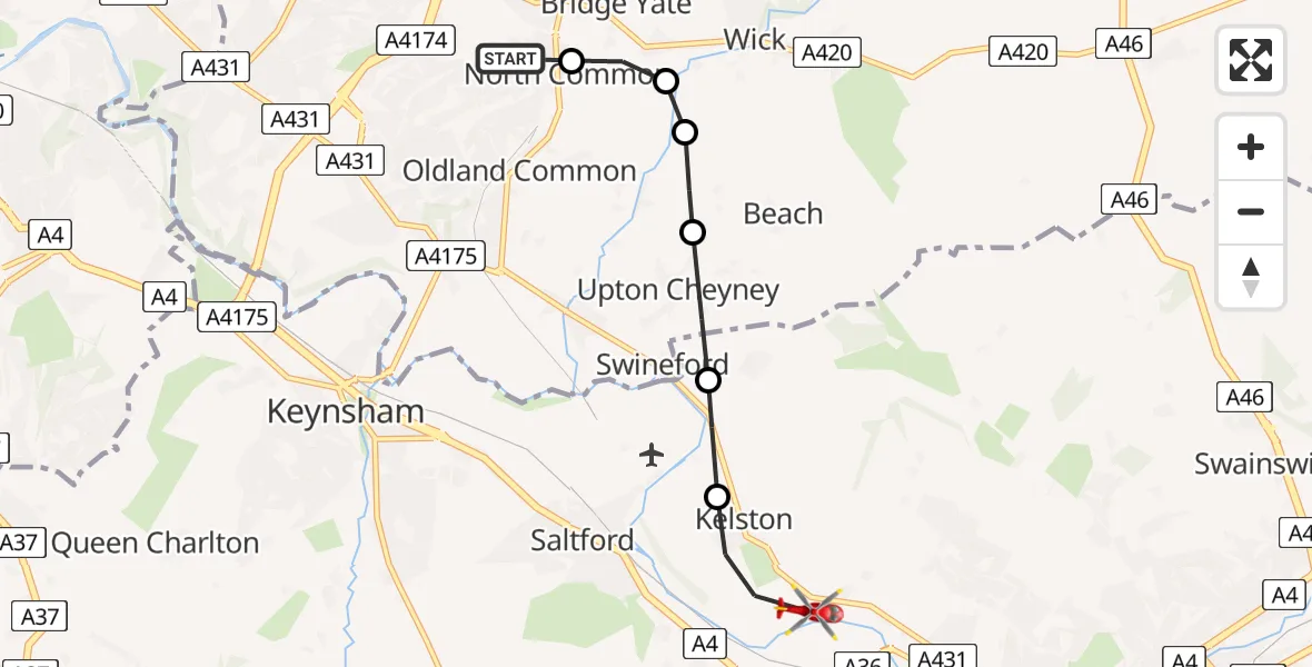 Flight route Air Ambulance Helicopter Warmley - Kelston, 16 July 2026, 14:52