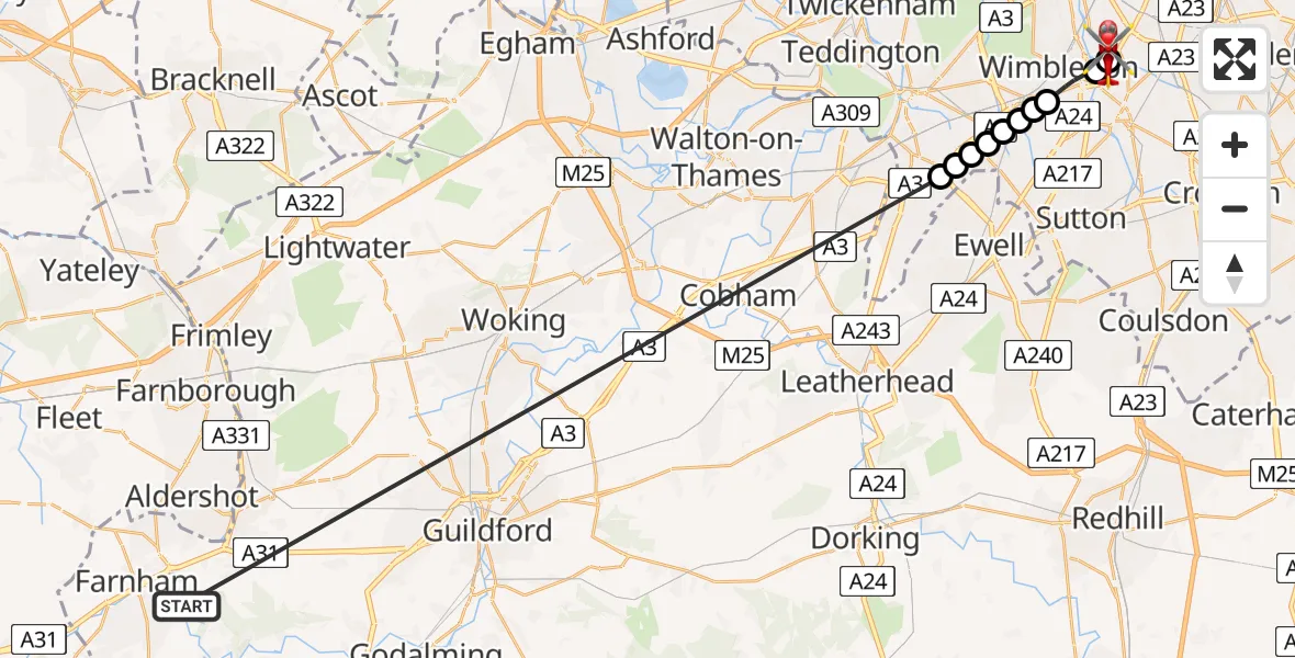 Flight route Air Ambulance Helicopter Farnham - St Georges Hospital, 16 July 2026, 14:54