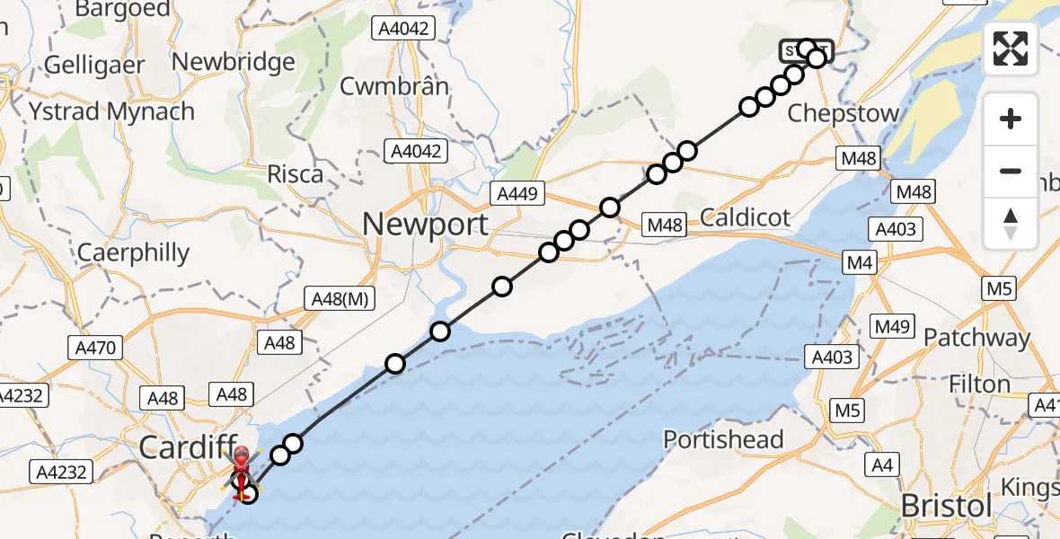 Flight route Air Ambulance Helicopter Chepstow - Cardiff Heliport, 16 July 2026, 15:10