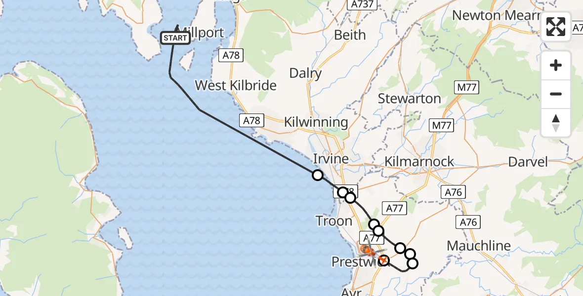 Flight route Coastguard Helicopter Inner Seas - Glasgow Prestwick Airport, 16 July 2026, 15:15