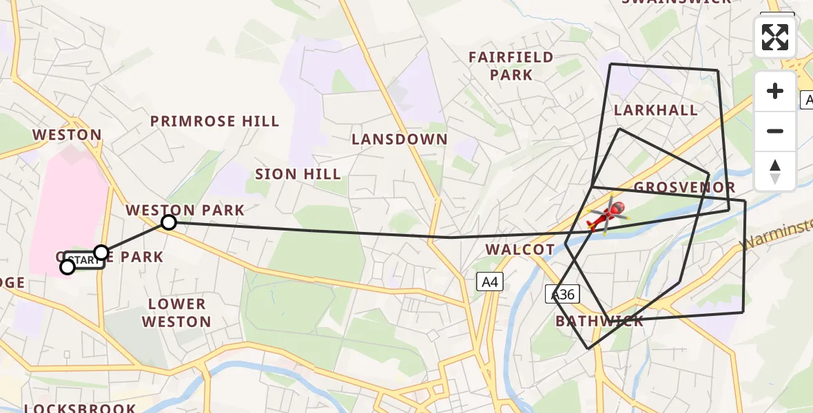 Flight route Air Ambulance Helicopter Royal United Hospital Bath - Bath, 16 July 2026, 15:20