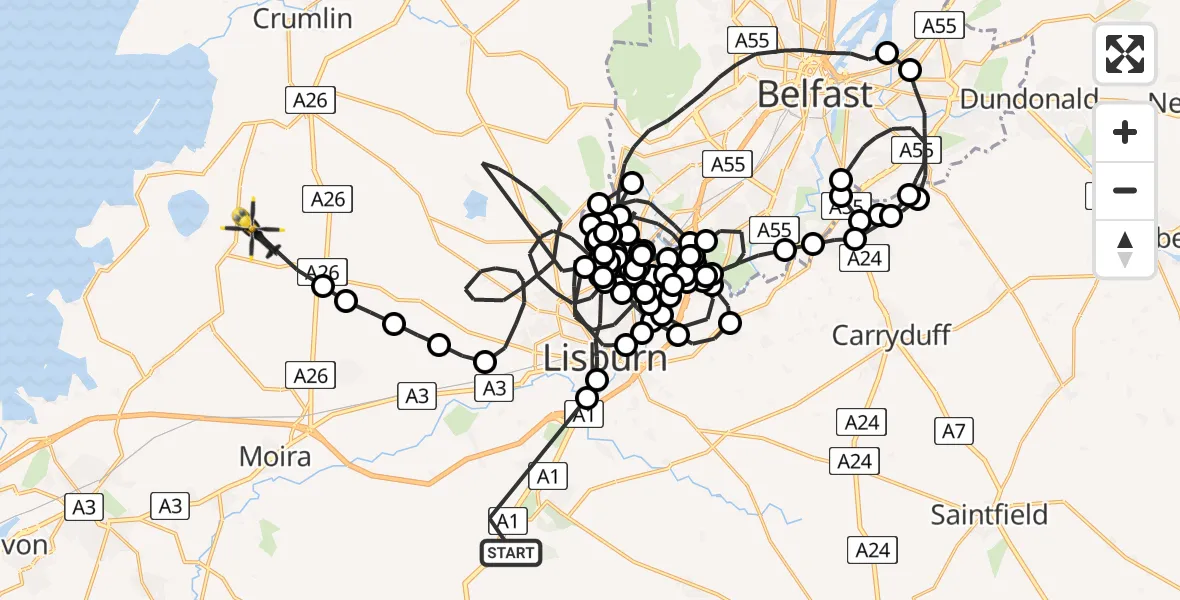 Flight route Police Helicopter Lisburn - Ballinderry Upper, 16 July 2026, 15:21