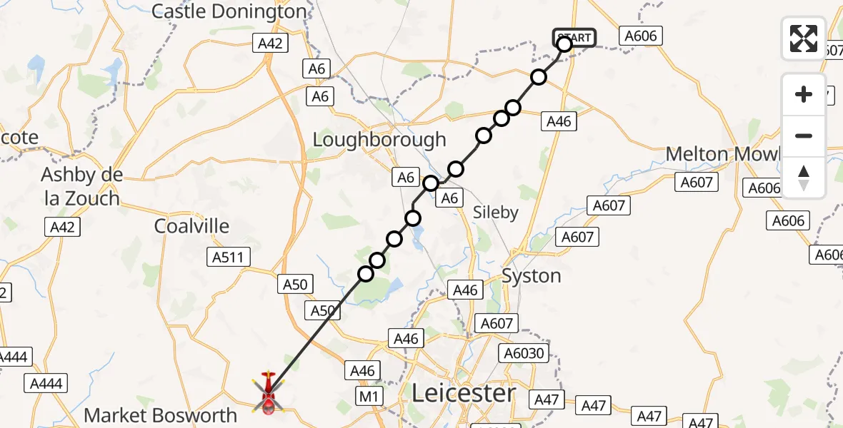 Flight route Air Ambulance Helicopter Rushcliffe - Desford, 16 July 2026, 15:22