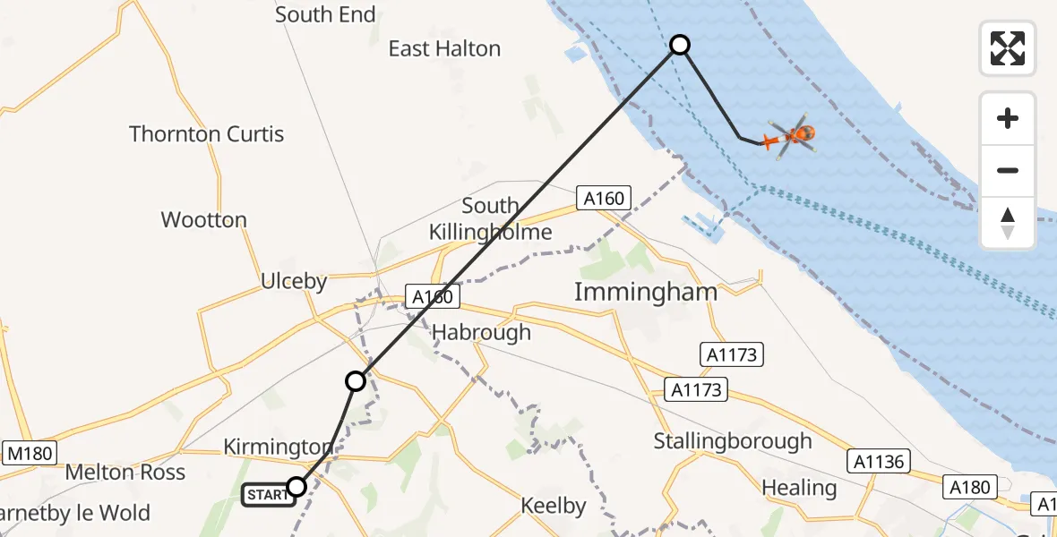 Flight route Coastguard Helicopter Humberside Airport - North Sea, 16 July 2026, 15:25