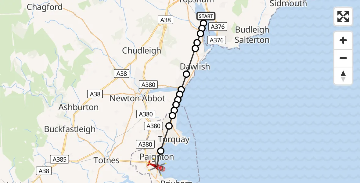 Flight route Air Ambulance Helicopter Exton - Paignton, 16 July 2026, 15:31
