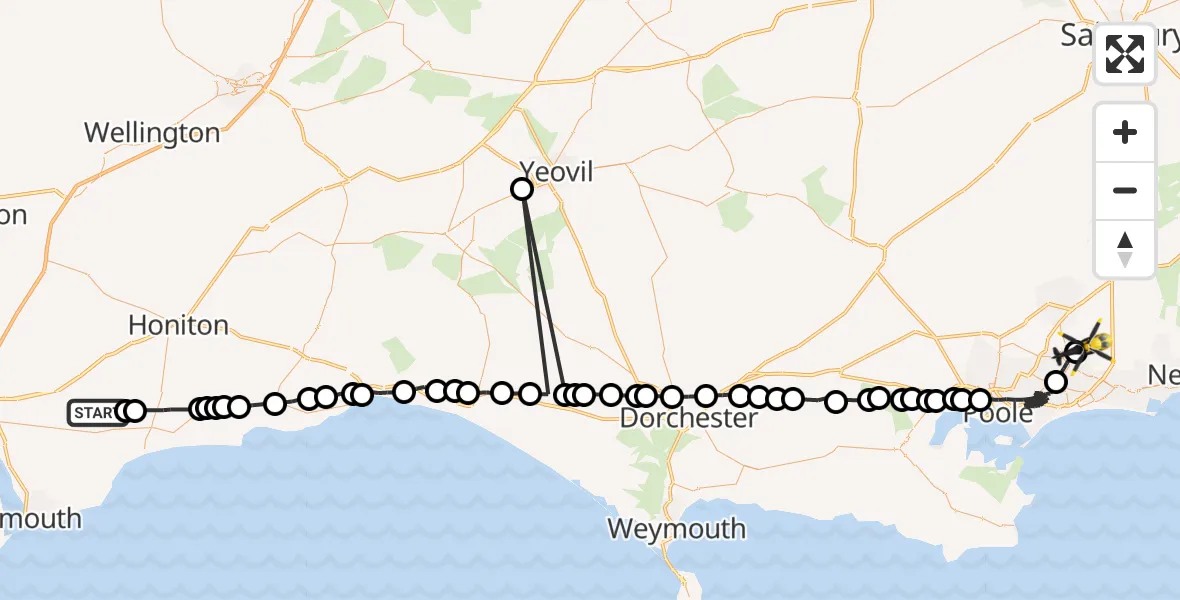 Flight route Police Helicopter Tipton St John - Bournemouth Airport, 16 July 2026, 15:31