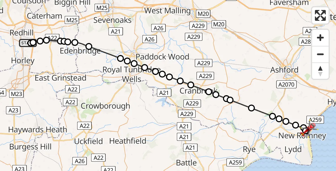 Flight route Air Ambulance Helicopter Redhill Aerodrome - New Romney, 16 July 2026, 15:31