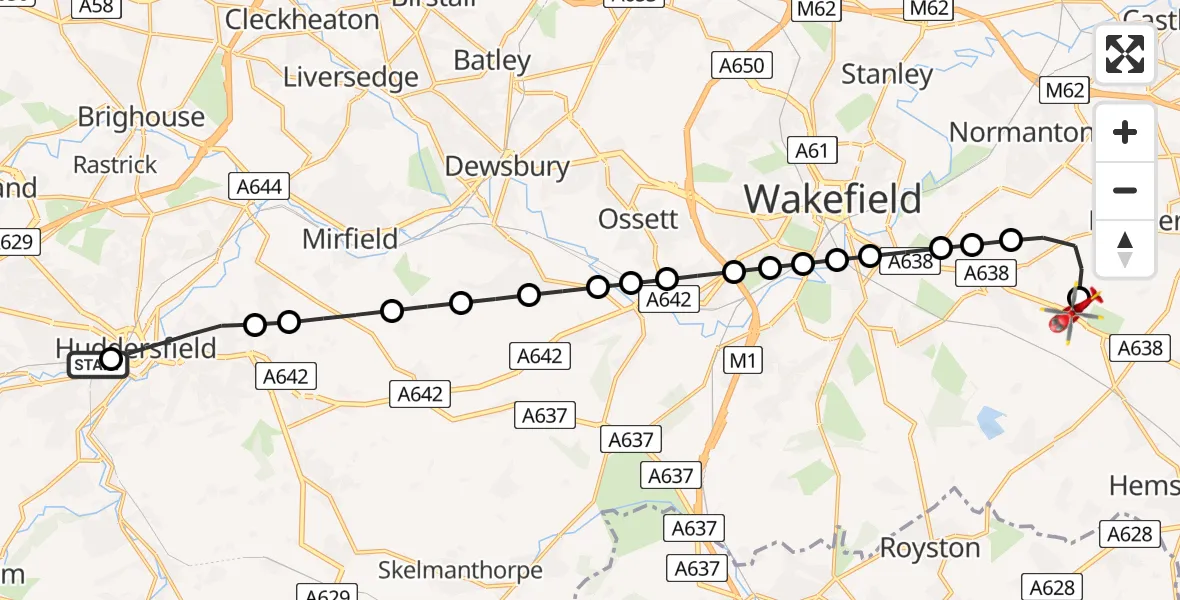Flight route Air Ambulance Helicopter Huddersfield - YAA Nostell Helicopter Port, 16 July 2026, 15:34