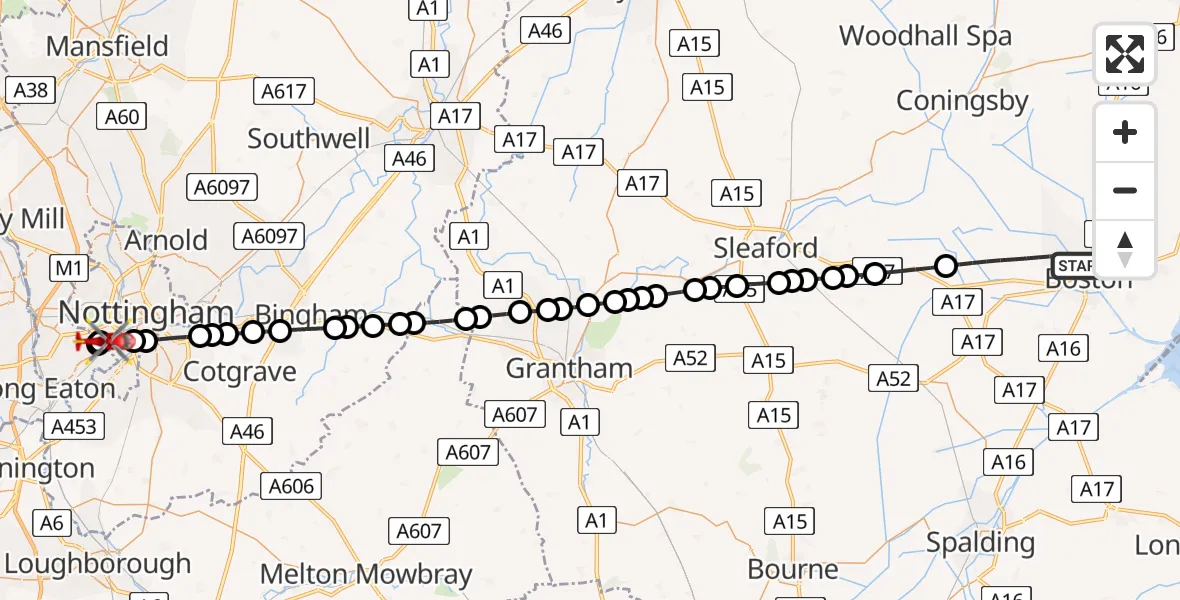 Flight route Air Ambulance Helicopter Boston - City of Nottingham, 16 July 2026, 15:36