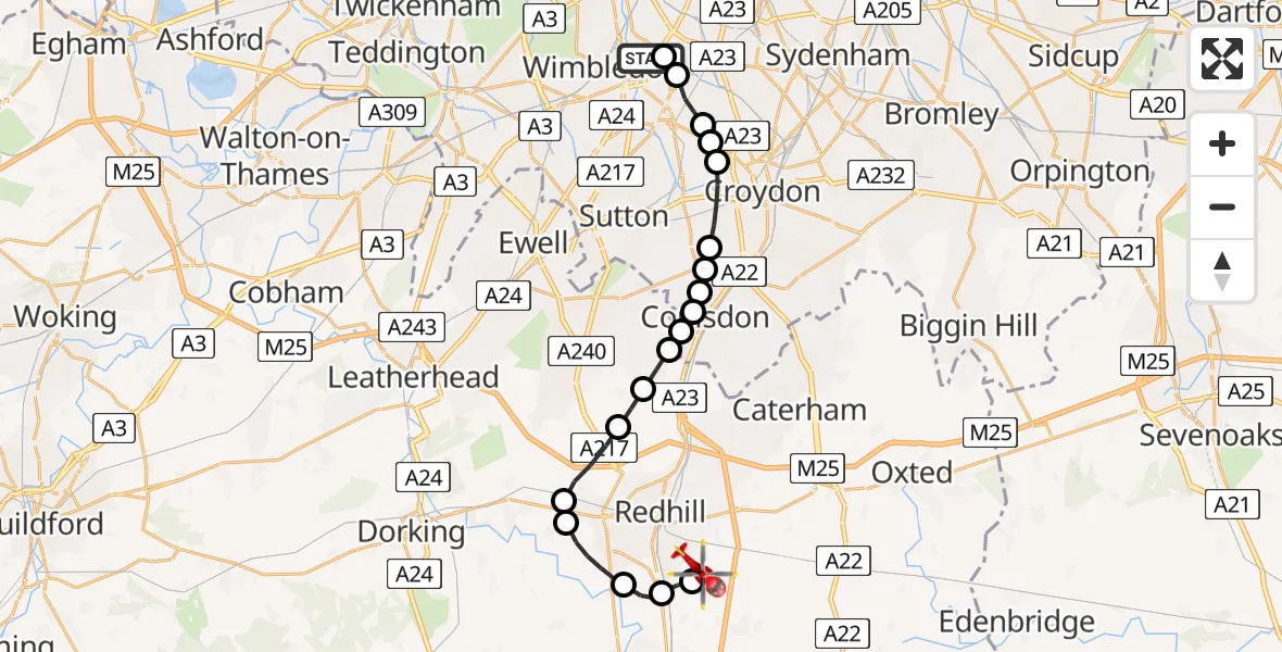 Flight route Air Ambulance Helicopter St Georges Hospital - Redhill Aerodrome, 16 July 2026, 15:52