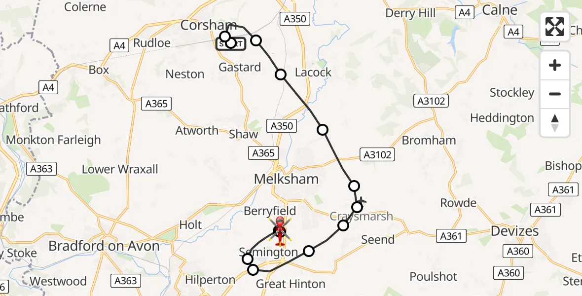 Flight route Air Ambulance Helicopter Corsham - Wiltshire Air Ambulance, 16 July 2026, 15:54