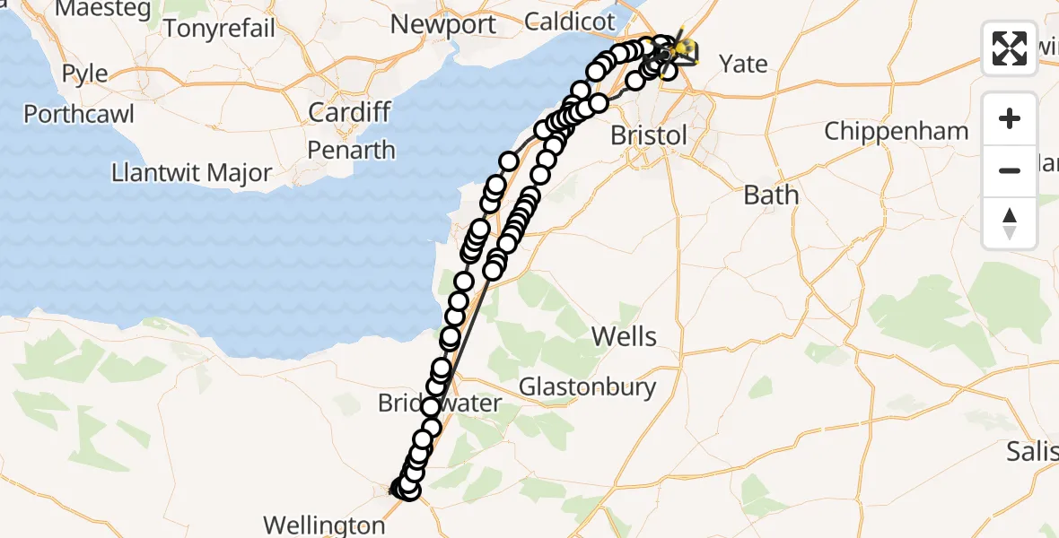 Flight route Police Helicopter Woodlands - Almondsbury Helicopter Base, 16 July 2026, 16:00