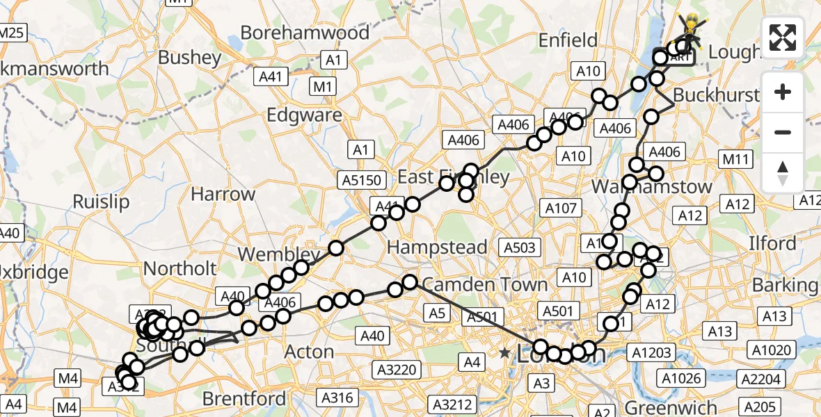 Flight route Police Helicopter Sewardstonebury - Sewardstonebury, 16 July 2026, 16:03