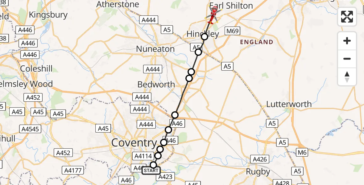 Flight route Air Ambulance Helicopter Coventry Airport - Barwell, 16 July 2026, 16:05