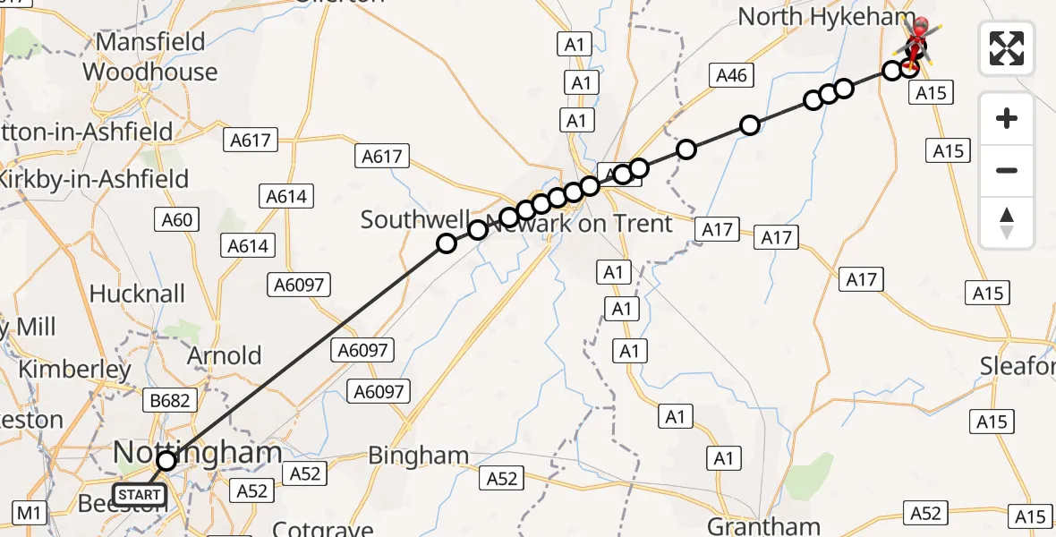 Flight route Air Ambulance Helicopter City of Nottingham - North Kesteven, 16 July 2026, 16:10