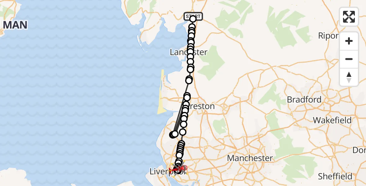 Flight route Air Ambulance Helicopter Milnthorpe - Knotty Ash, 16 July 2026, 16:16