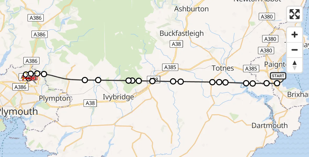 Flight route Air Ambulance Helicopter Paignton - Derriford Hospital, 16 July 2026, 16:16