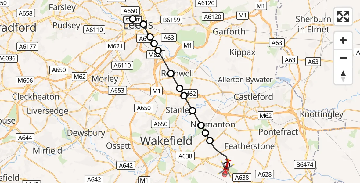Flight route Air Ambulance Helicopter Woodhouse - YAA Nostell Helicopter Port, 16 July 2026, 16:28