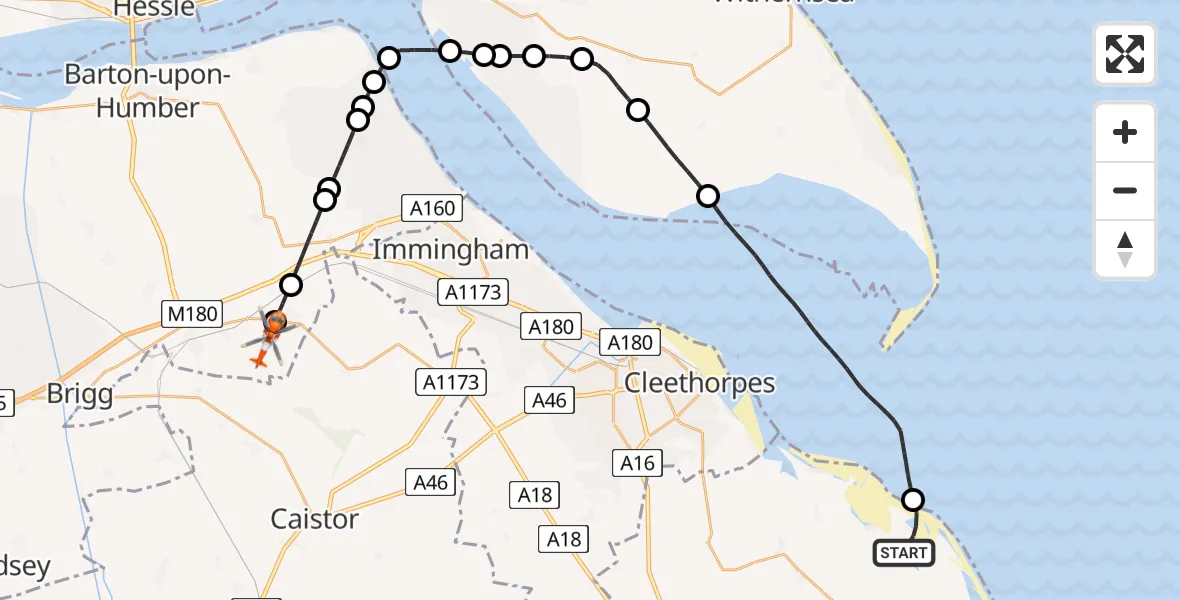 Flight route Coastguard Helicopter East Lindsey - Humberside Airport, 16 July 2026, 16:35