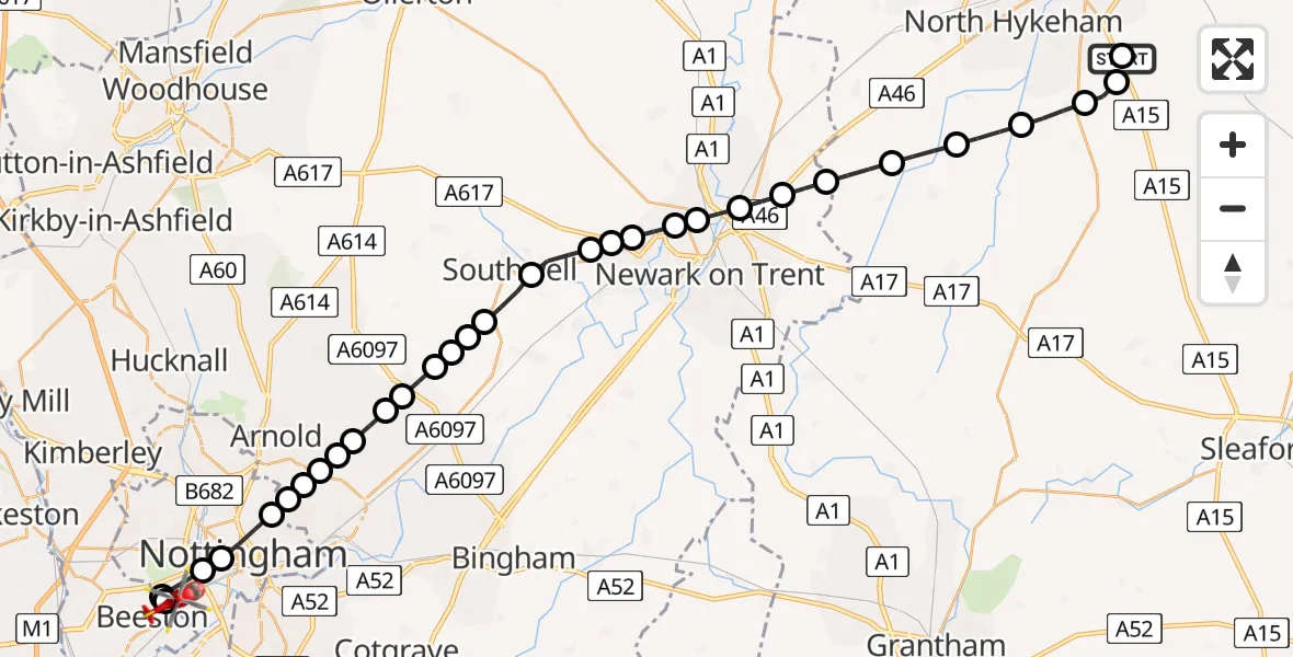 Flight route Air Ambulance Helicopter RAF Waddington - City of Nottingham, 16 July 2026, 16:36