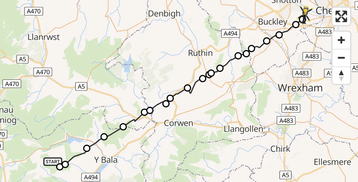 Flight route Police Helicopter Llanycil - Broughton and Bretton, 16 July 2026, 16:37