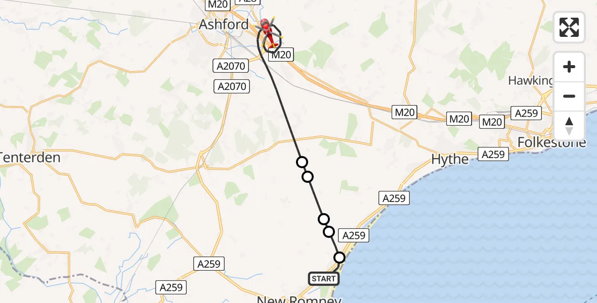 Flight route Air Ambulance Helicopter New Romney - Ashford, 16 July 2026, 16:48