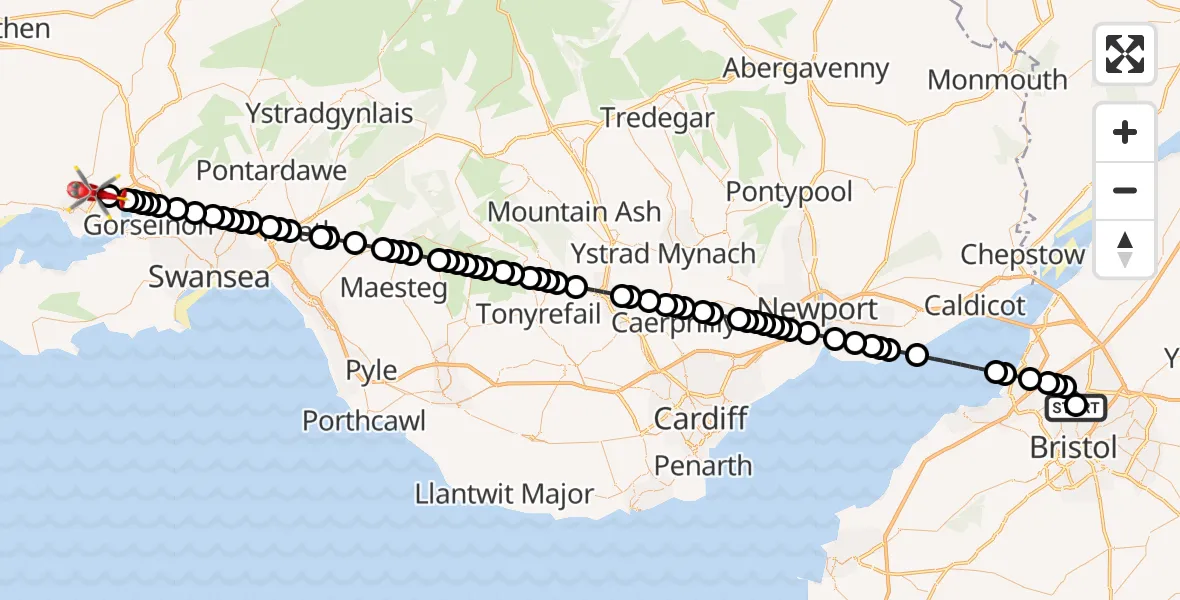 Flight route Air Ambulance Helicopter Southmead Hospital - Dafen, 16 July 2026, 16:54
