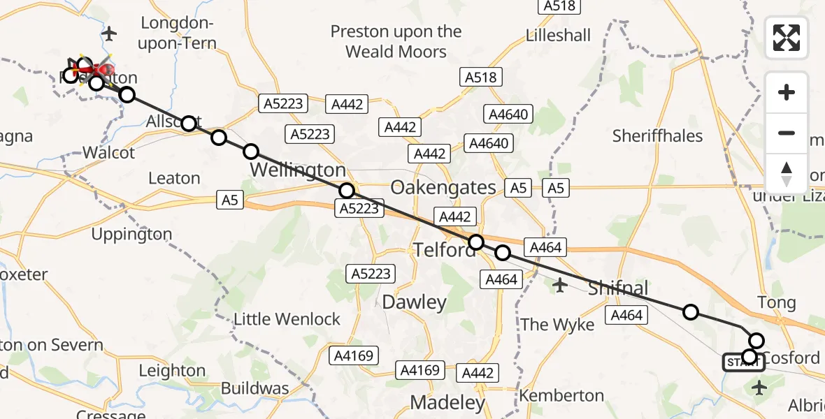 Flight route Air Ambulance Helicopter RAF Cosford - Walcot, 16 July 2026, 17:01