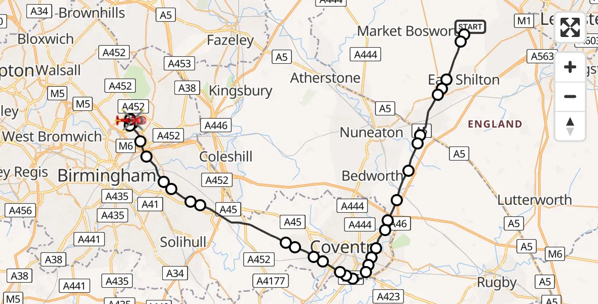 Flight route Air Ambulance Helicopter Desford - New Oscott, 16 July 2026, 17:04