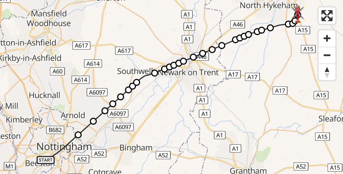Flight route Air Ambulance Helicopter City of Nottingham - North Kesteven, 16 July 2026, 17:06