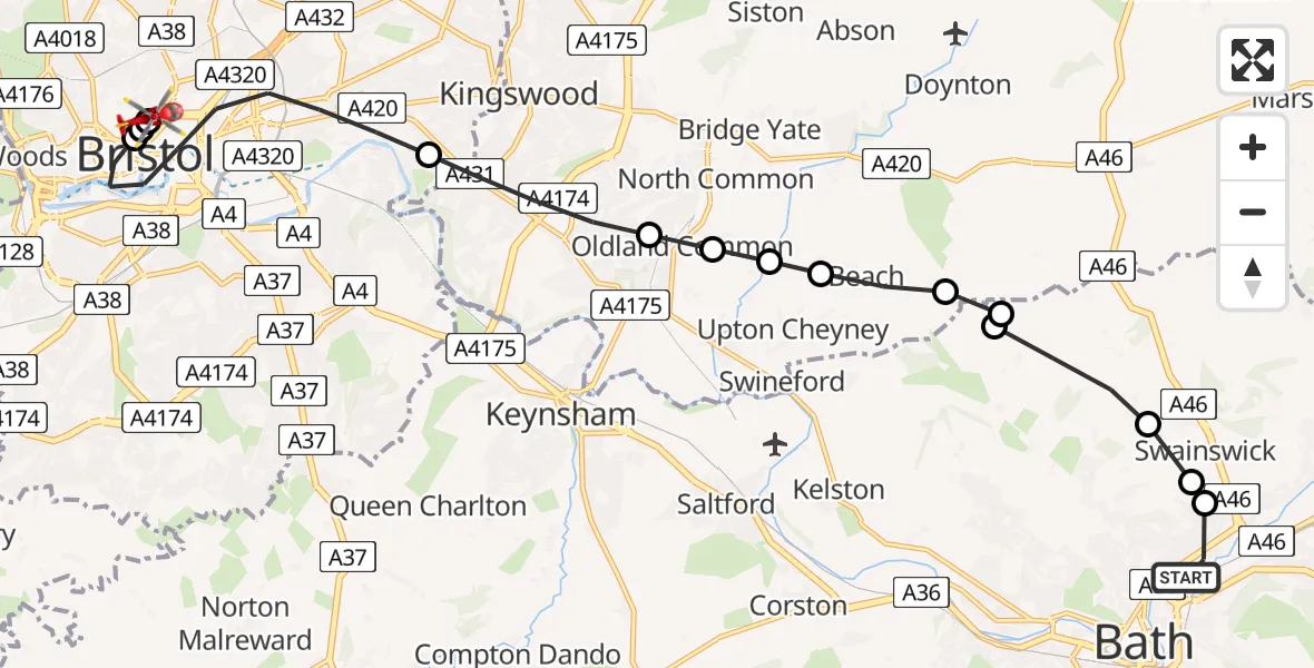 Flight route Air Ambulance Helicopter Bath - Bristol Royal Infirmary, 16 July 2026, 17:07