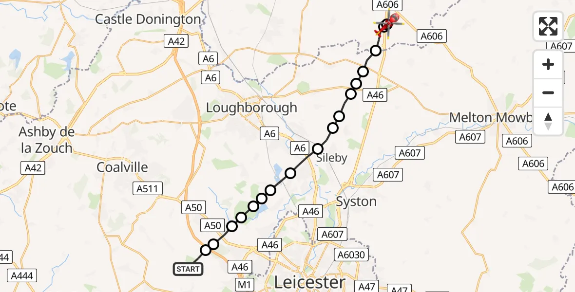 Flight route Air Ambulance Helicopter Botcheston - Nottingham Heliport, 16 July 2026, 17:11