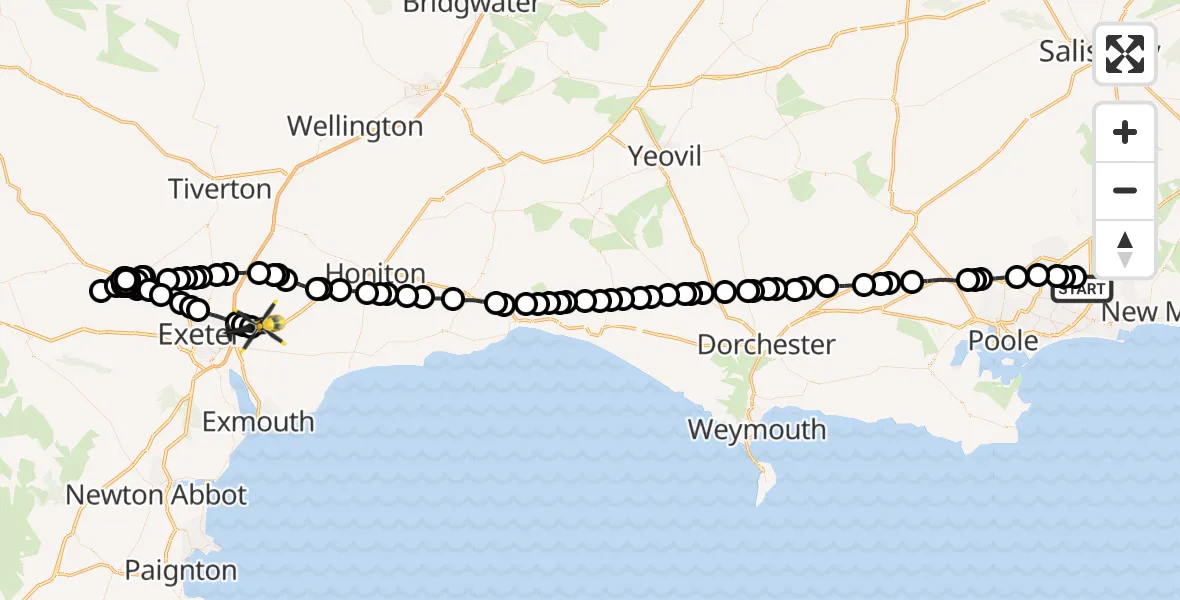 Flight route Police Helicopter Bournemouth Airport - Exeter International Airport, 16 July 2026, 17:14