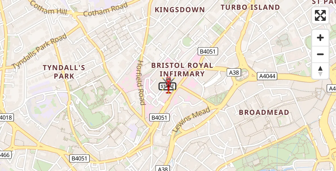 Flight route Air Ambulance Helicopter Bristol Royal Infirmary - Bristol Royal Infirmary, 16 July 2026, 17:17