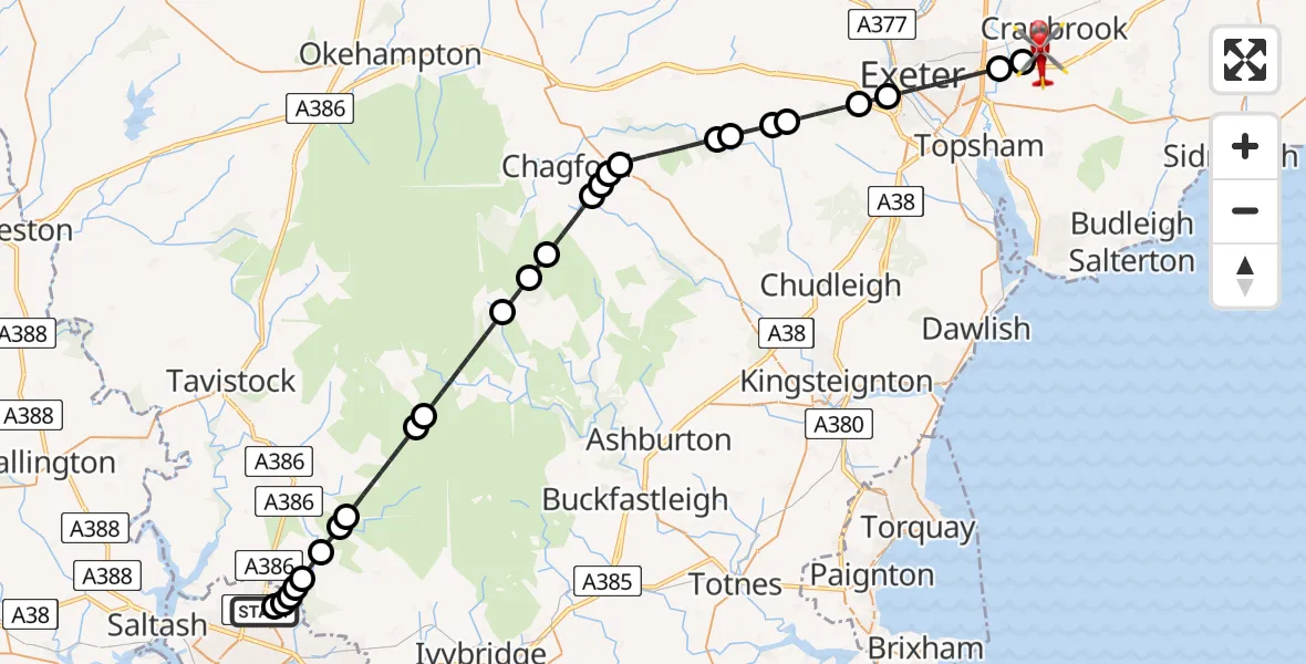 Flight route Air Ambulance Helicopter Derriford Hospital - Exeter International Airport, 16 July 2026, 17:19