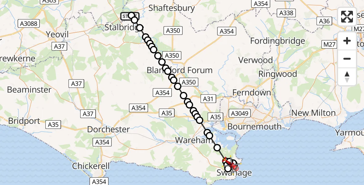Flight route Air Ambulance Helicopter Henstridge Airfield - Swanage, 16 July 2026, 17:20