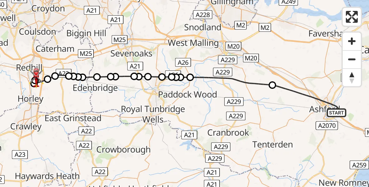 Flight route Air Ambulance Helicopter Ashford - Redhill Aerodrome, 16 July 2026, 17:32