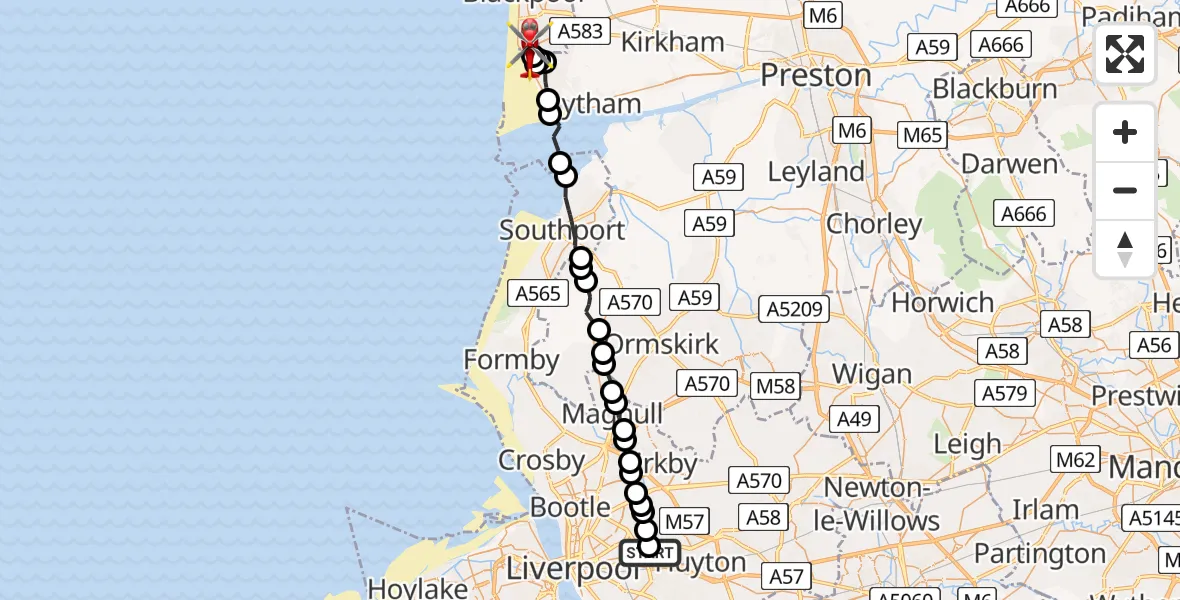 Flight route Air Ambulance Helicopter Knotty Ash - Blackpool Airport, 16 July 2026, 17:37