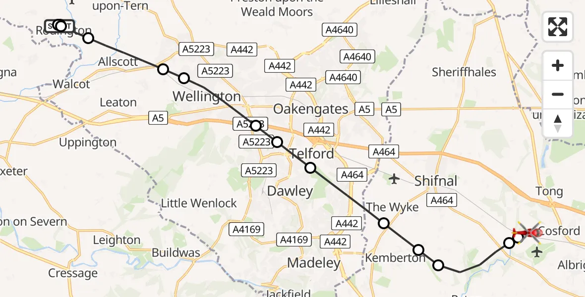 Flight route Air Ambulance Helicopter Rodington - Cosford, 16 July 2026, 17:44