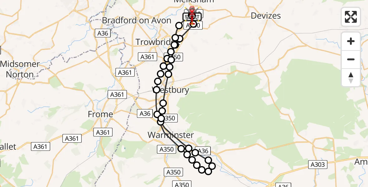 Flight route Air Ambulance Helicopter Wiltshire Air Ambulance - Wiltshire Air Ambulance, 16 July 2026, 17:51