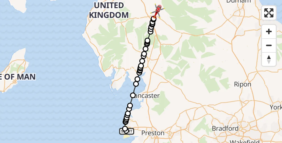 Flight route Air Ambulance Helicopter Blackpool Airport - Skirwith, 16 July 2026, 17:52