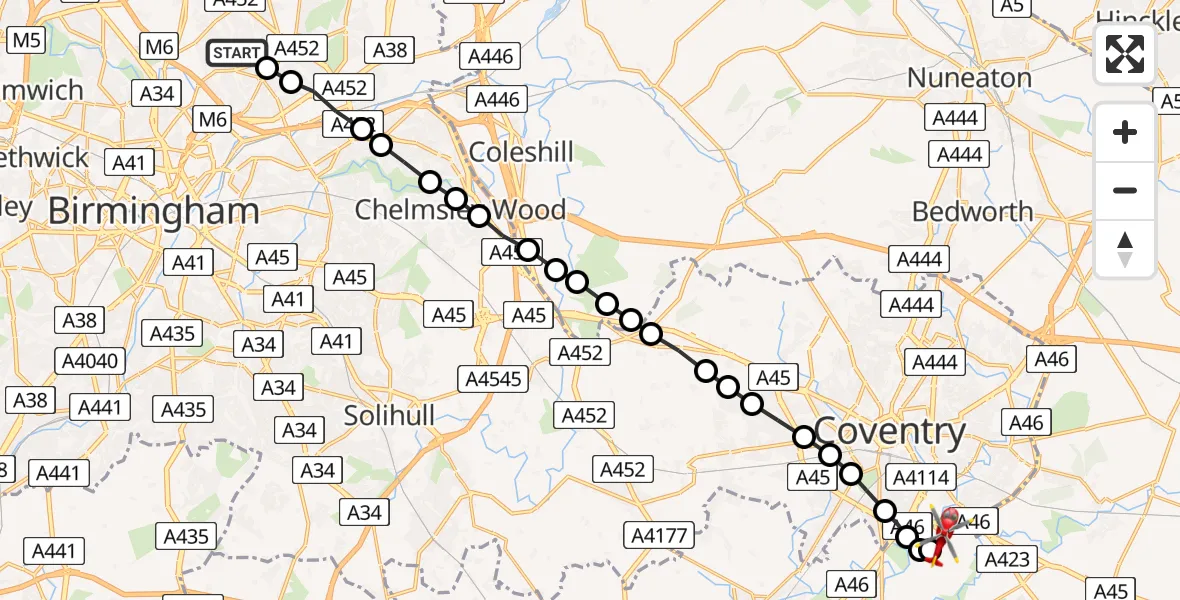 Flight route Air Ambulance Helicopter Short Heath - Coventry Airport, 16 July 2026, 17:54
