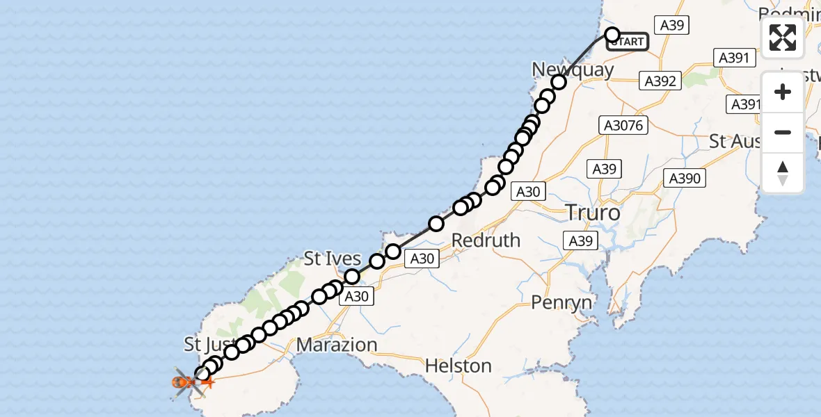 Flight route Coastguard Helicopter Cornwall Airport Newquay - Mayon, 16 July 2026, 17:56