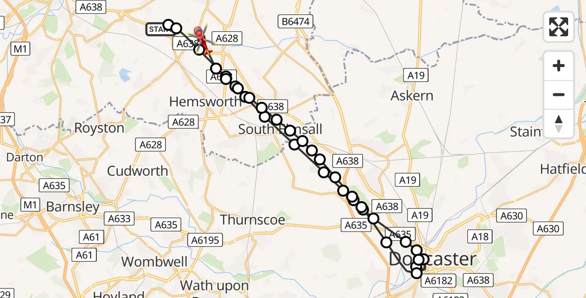 Flight route Air Ambulance Helicopter YAA Nostell Helicopter Port - Wragby, 16 July 2026, 18:20