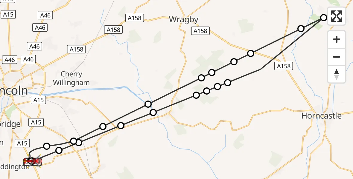 Flight route Air Ambulance Helicopter RAF Waddington - North Kesteven, 16 July 2026, 18:27